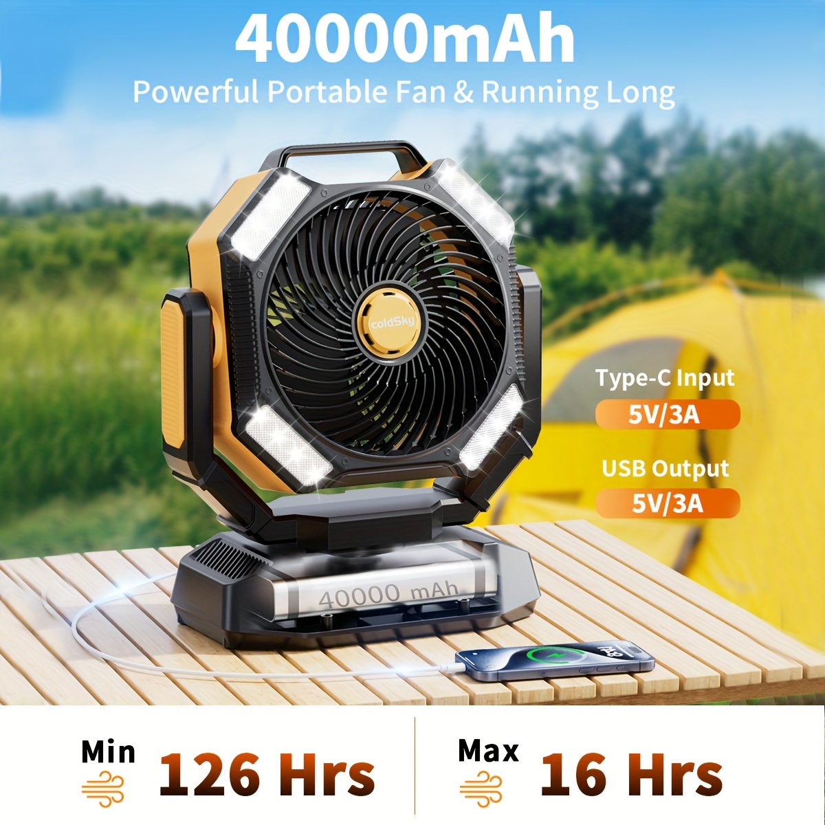 Power Outage Light - coldSky キャンプファン、バッテリー駆動ファン（4つのLEDライト付き）、8段階風量調節テーブルファン（リモコン付き）、テントフック付きポータブル充電式屋外ファン、停電時用黒と黄色、COLDSKY